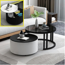 Rundes Couchtisch-Set im Industriestil mit Glasplatte und Stauraum, moderner Metallrahmen, Nisttische für kleine Räume, stapelbare Beistelltische mit schwarzen Beinen