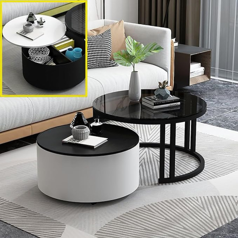 Rundes Couchtisch-Set im Industriestil mit Glasplatte und Stauraum, moderner Metallrahmen, Nisttische für kleine Räume, stapelbare Beistelltische mit schwarzen Beinen