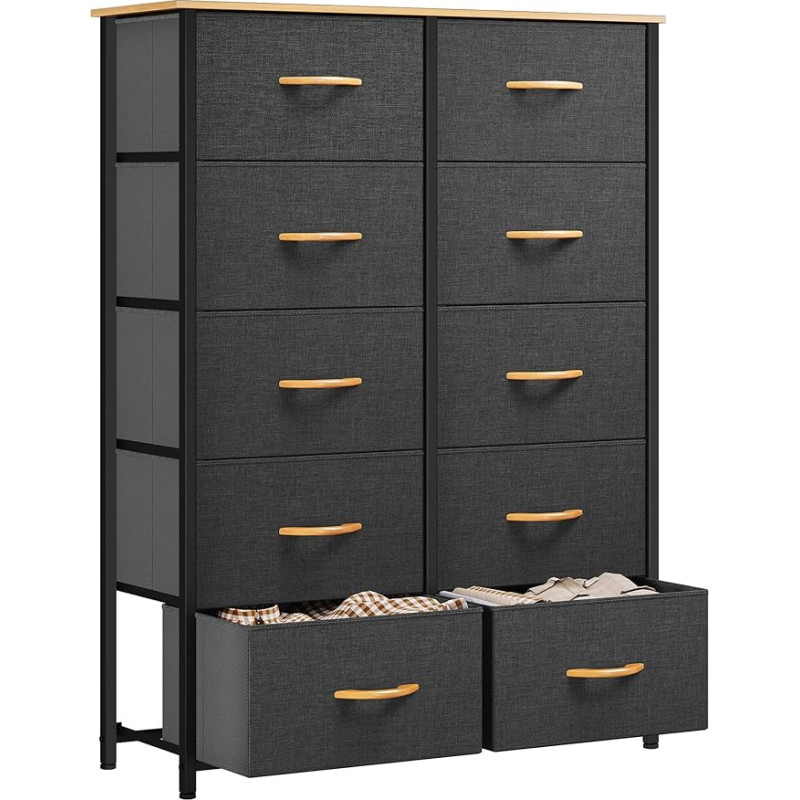 YITAHOME Chest of Drawers with 10 Drawers, Fabric Chest of Drawers for Bedroom, Living Room, Cupboard, Sturdy Steel Frame, Easy to Pull, Fabric Baskets and Wooden Surface, Dark Grey