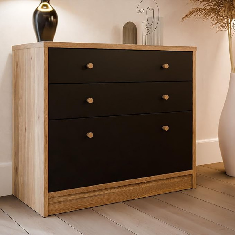 FORTE Baderna Chest of Drawers 90, Classic Chest of Drawers with 3 Drawers, Sideboard, Living Room, Bedroom, Wood Material, Mauvella Oak Wood Decor/Black, 89.8 cm Wide x 77.6 cm High x 41.5 cm Deep