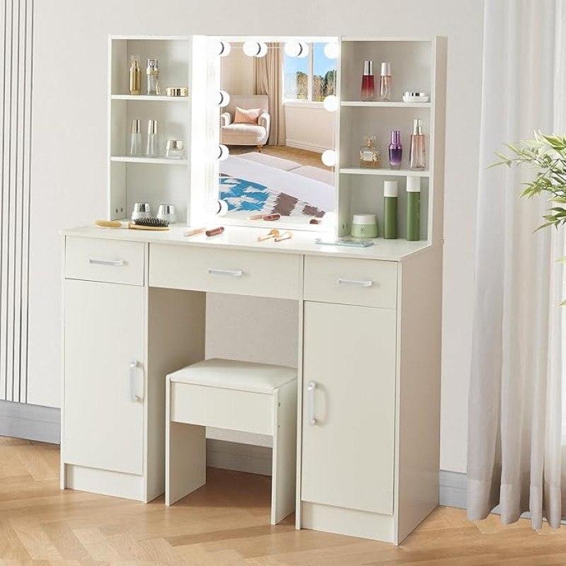 Buildonely Large Dressing Table with LED and Mirror, Dressing Table with 3 Drawers, Adjustable Brightness and 3 Colour Temperatures, Dressing Table for Daughter, 40 x 100 x 140 cm