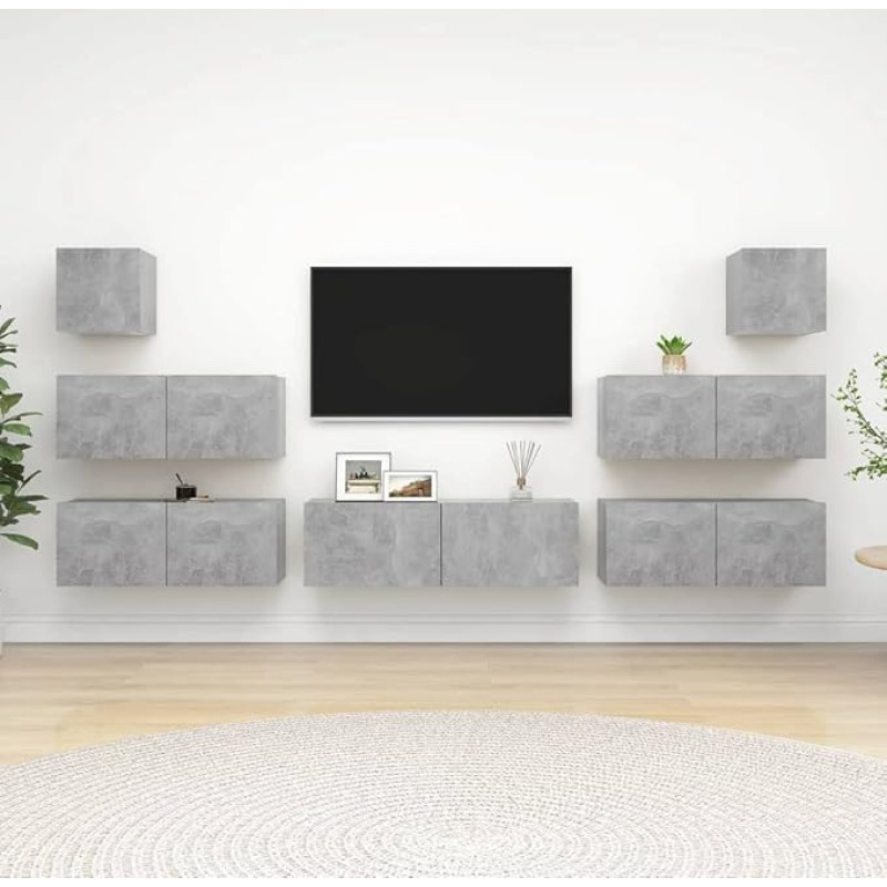 Homgoday TV-Schrank-Set, 7-teilig, Zementgrau aus Spanplatte, TV-Schrank, TV-Schrank, Couchtisch, Wohnzimmertisch, TV-Ständer für Wohnzimmer