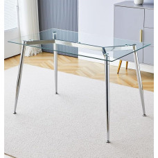 Hallowood Furniture Cullompton Glass Dining Table with Sturdy Chrome Metal Legs, Rectangular Table for 4-6 Seater Dining Room Kitchen Cafe Glass Desk for Office (120x70cm)