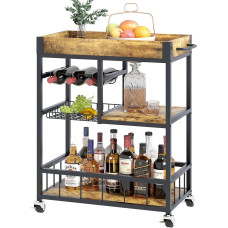 Bar Trolley 3 Tier Serving Trolley Wine Trolley Serving Trolley with Iron Basket and Handle Kitchen Storage Trolley with Wheels Tea Drinks Trolley for Dining Room Living Room Bedroom Outdoor Brown