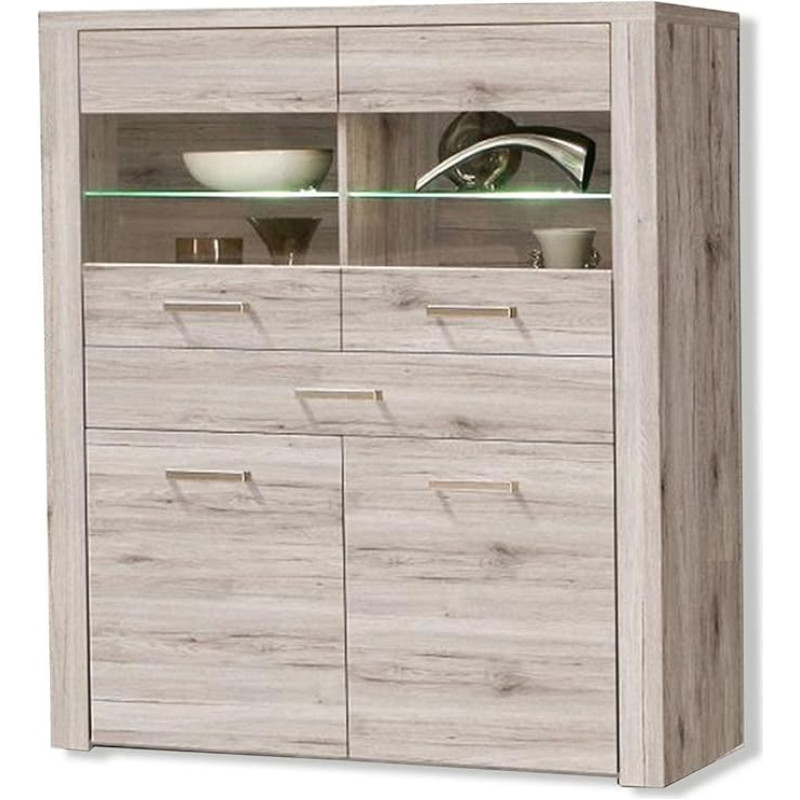 FORTE Portland Display Cabinet with 2 Doors, 2 Glass Doors and 1 Drawer, Wood Composite, Sand Oak, 126.9 x 143.9 x 41.3 cm