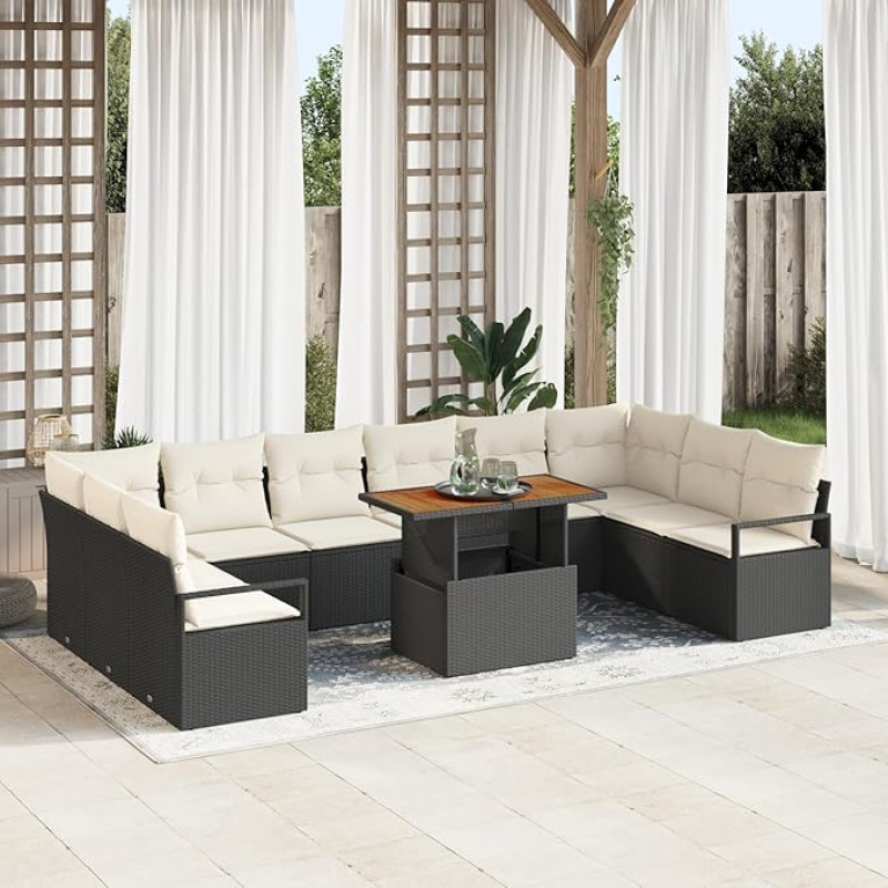 Rantry 11-teiliges Garten-Sofa-Set mit Kissen Schwarz Poly-Rattan, 2-Sitzer Garten-Sofa mit Stauraum & Kissen Schwarz Poly-Rattan Gartenlounge Model3358497
