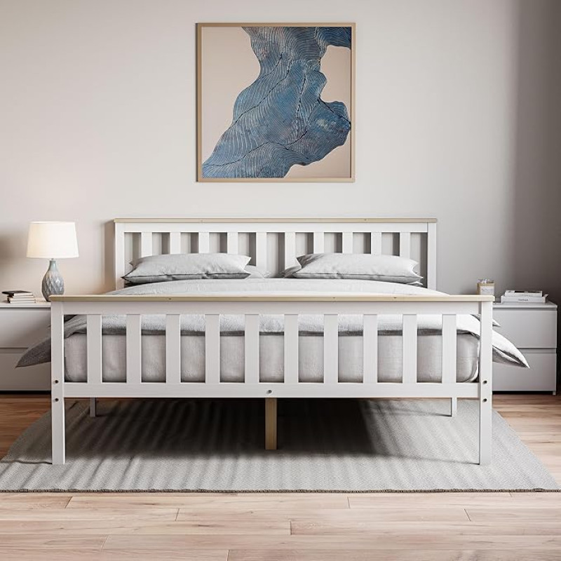 Vida Designs Milan King Size Bed, 5ft, Bed Frame, Solid Pine Wood, Headboard, High Footboard Bedroom Furniture, White and Pine