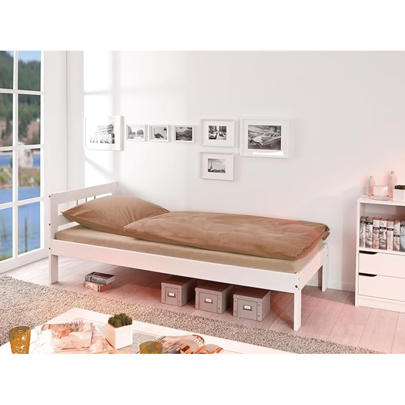 Inter Link Fana Wooden Bed - Bed Frame - Youth Bed - Guest Bed - Single Bed - Modern Bed Made of Solid Pine Wood - Without Slatted Frame - White Lacquered - 90 x 200 cm