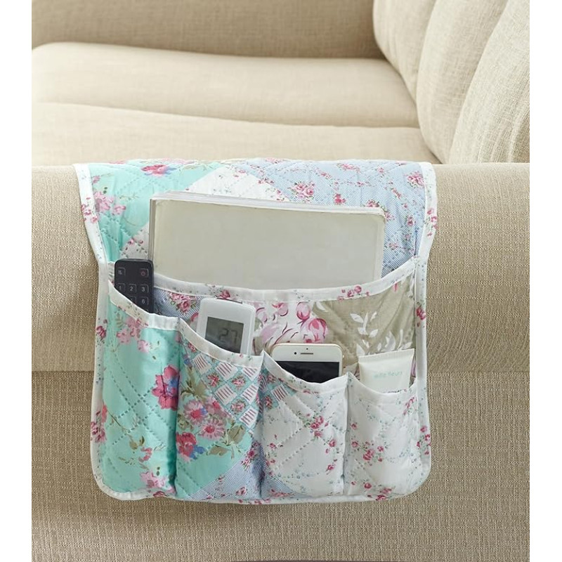 Brilliant Sunshine Blue and Green Rose Patchwork Couch Armrest 5 Pockets Organiser Non-Slip Armchair Caddy Washable Remote Control Holder Storage for Magazine Tablet Phone Teal