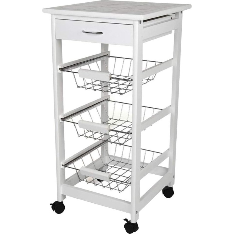 BAKAJI Space Saving White MDF Wood Kitchen Trolley with 3 Steel Fruit Baskets Drawer, Tiled Table Top and 4 360 Degree Rotating Wheels, 37 x 82 cm