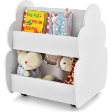 HOMASIS Children's Bookcase, Toy Shelf with 2 Compartments, Wooden Children's Shelf, Standing Shelf with 4 Wheels, Cute Toy Box Storage for Children's Room, Playroom & Nursery (White)