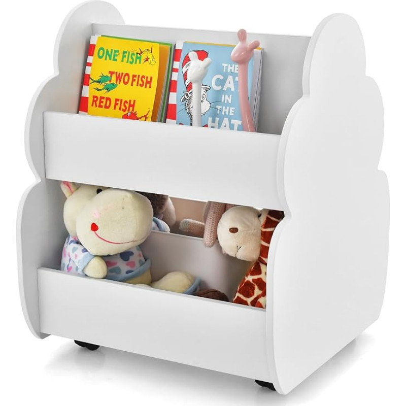 HOMASIS Children's Bookcase, Toy Shelf with 2 Compartments, Wooden Children's Shelf, Standing Shelf with 4 Wheels, Cute Toy Box Storage for Children's Room, Playroom & Nursery (White)