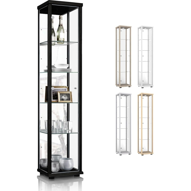K-Möbel Glass Display Case in Black (176 x 37 x 33 cm) with 4 Height-Adjustable Glass Shelves and Mirror, Model Car Display Cabinet, Black, Collector's Display Cabinet, Living Room Cabinet, Shelf