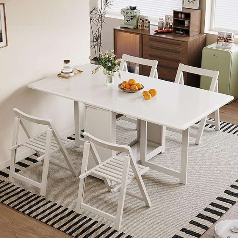 Ausziehbarer Esstisch aus Massivholz, 170,2 cm, platzsparend, zusammenklappbar, für 2–6 Personen, perfekt für kleine Räume, inklusive faltbarem Holzstuhl (weiß)