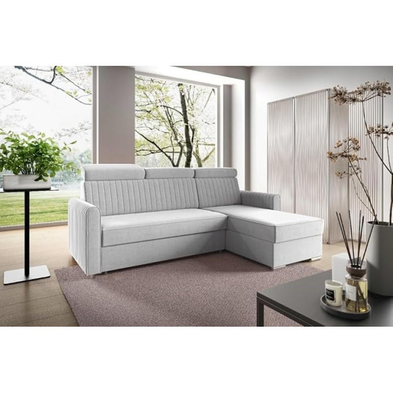 LIKMA Neli Asche Corner Sofa with Sleep Function and Bed Box 213 x 100 x 165 cm, L-shaped Sofa Bed, Adjustable Headrests, Living Area, Sofa Bed, Modern Sofas & Couches Fabric: Cloud 81