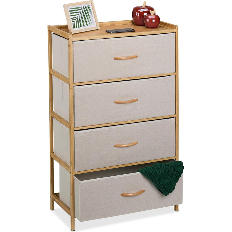 Relaxdays Chest of Drawers, Bamboo, 4 Fabric Drawers, Hallway, Bedroom, HBT 94 x 58 x 32.5 cm, Drawer Cabinet, Natural/Beige