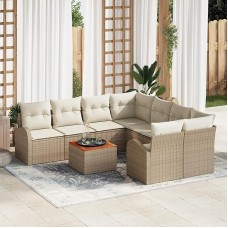 Rantry 9-teiliges Garten Sofa Set mit Kissen Beige Poly Rattan Akazie, 2-Sitzer Garten Sofa mit Stauraum & Kissen Beige Poly Rattan Gartenlounge Model3356230