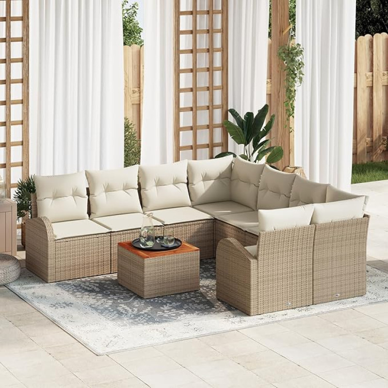 Rantry 9-teiliges Garten Sofa Set mit Kissen Beige Poly Rattan Akazie, 2-Sitzer Garten Sofa mit Stauraum & Kissen Beige Poly Rattan Gartenlounge Model3356230