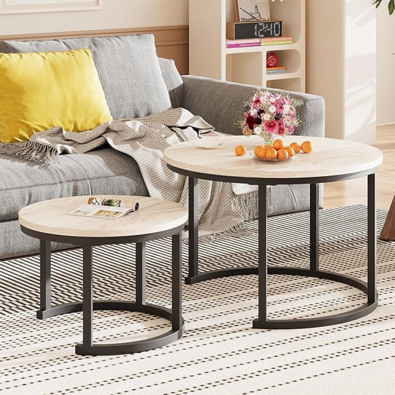 HOMERECOMMEND Round Coffee Table, Set of 2, Living Room Table, Small, Side Table, Bedside Table, Sofa Table, Set Tables for Living Room, Coffee Table, Set of Tables for Living Room, Wood Sofa Table