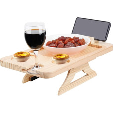 Sofa Armrest Tray, Multifunctional Rectangular Natural Pine Wood Couch Armrest with 360° Rotating Phone Holder, Wine Glass Holder, Portable Couch Sofa Side Table for Remote Control