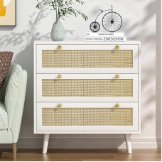 Yvsevnr White Rattan Chest of Drawers with 3 Drawers, Wooden Chest of Drawers, Bedroom Wardrobe Drawers with Sturdy Handles and Legs, Boho Rattan Cupboard Chest for Bedroom, Living Room, Hallway