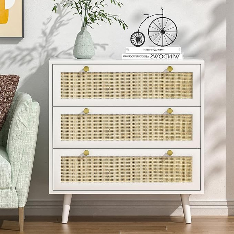 Yvsevnr White Rattan Chest of Drawers with 3 Drawers, Wooden Chest of Drawers, Bedroom Wardrobe Drawers with Sturdy Handles and Legs, Boho Rattan Cupboard Chest for Bedroom, Living Room, Hallway