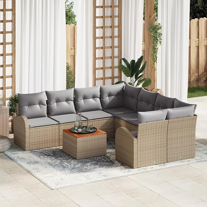 Rantry 9-teilige Garten Sofa Set mit Kissen Beige Poly Rattan Akazie, 2-Sitzer Garten Sofa mit Stauraum & Kissen Beige Poly Rattan Gartenlounge Model3356229
