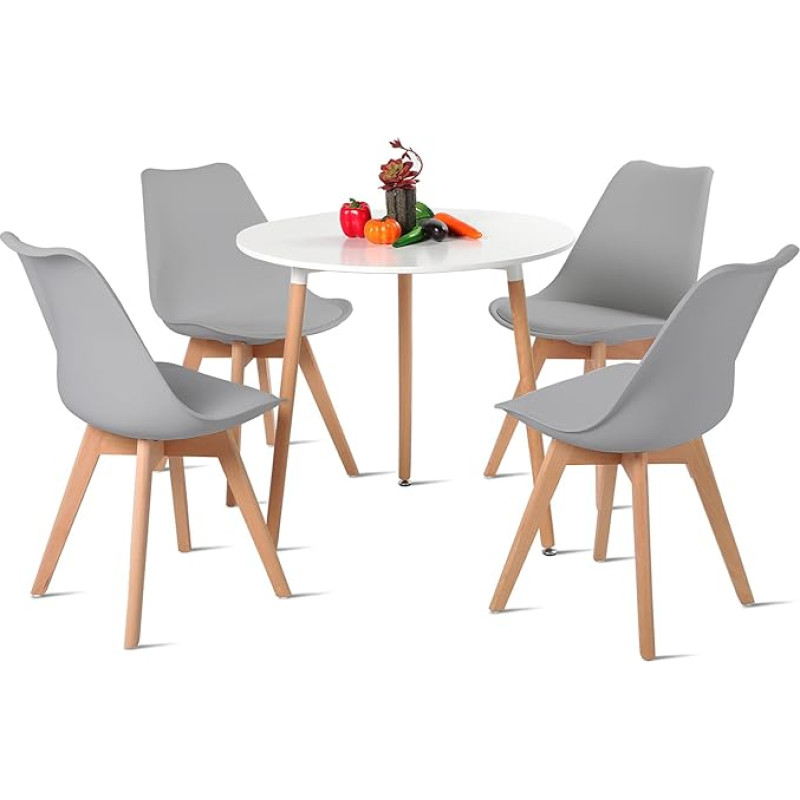 EGGREE Scandinavian Round Dining Room Table and Chair Set of 4 Chairs Grey with Table Kitchen 80cm White for Living Room Cafe