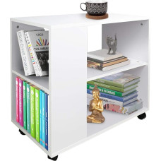 BAKAJI Low Bookcase with 5 Shelves with Wheels Melamine Wood Side Table Modern Design for Living Room Home or Office (White)