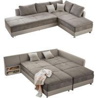 Spring Core Corner Sofa 307 x 223 cm, Double Bed Sleep Function, Cold Foam Topper, Bed Box, L Sofa, Pivoting Ottoman Left, Cover Grey Brown (Microfibre) Body Beige (Faux Leather) / 15101