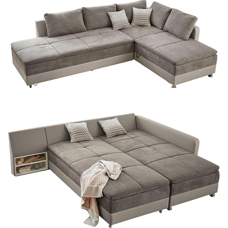 Spring Core Corner Sofa 307 x 223 cm, Double Bed Sleep Function, Cold Foam Topper, Bed Box, L Sofa, Pivoting Ottoman Left, Cover Grey Brown (Microfibre) Body Beige (Faux Leather) / 15101