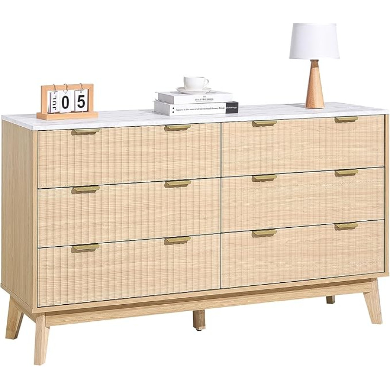 VEVOR Chest of Drawers with 6 Ribbed Drawers & Sliding and Tilt Protection, Minimalist Modern Drawer Cabinet (399 x 1372 x 813 mm) Organiser for Living Room Bedroom Hallway (Light Wood)
