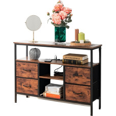 FurnitureR Chest of Drawers with Charging Station and LED Lights, Long Black Chest of Drawers for Bedroom with 4 Fabric Drawers, Wide TV Stand for Living Room with Open Shelf, Metal Frame, Wooden Top