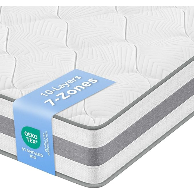 INMOKO Pocket Spring Mattress 140 x 190 cm Hardness H3 and H4 Height 25 cm Orthopaedic 7-Zone Mattress