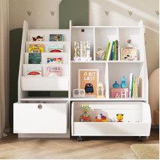 PREMTURE Children's Shelf, Toy Storage for Children, Storage Cabinet, Toy Cabinet, Storage Box with Wheels, Toy Shelf, for Children's Room, 100 x 32 x 95 cm, White, MDF