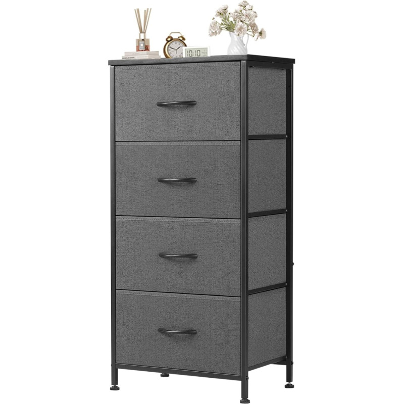 NEWBULIG Small Chest of Drawers with 4 Fabric Drawers Side Bedroom End Table Kids Bedside Storage Furniture for 25 Inch High Night Stand for Cupboard, Entrance, College Dorm, Grey