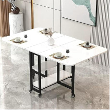YHNNH, Mobiler klappbarer Esstisch, Drop-Leaf-Tisch mit 2 offenen Ablagen, ausziehbarer rechteckiger Drop-Leaf-Tisch mit Metallrahmen(White Black Shelf,L 120cm)