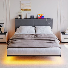 HOMERECOMMEND Bed 120 x 200 cm, Floating Visual Effect, Bed Frame with LED Lighting and Charging Station, Double Bed Frame with Storage Space Headboard and Slatted Frame, High Headboard, Dark Grey