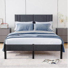 HAHRIR King Bed Frames with 1.5 m Padded Platform King Bed Frame, Metal Bed Frame with Headboard and Lats Support, No Box Spring Needed/No Noise, Grey