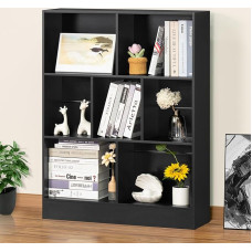 YAHARBO Black 7 Cube Bookcase 3 Tier Modern Horizontal Bookcase Wood Low Bookcase Display Cabinet with Base Floor Standing Short Bookshelves Open Organizer