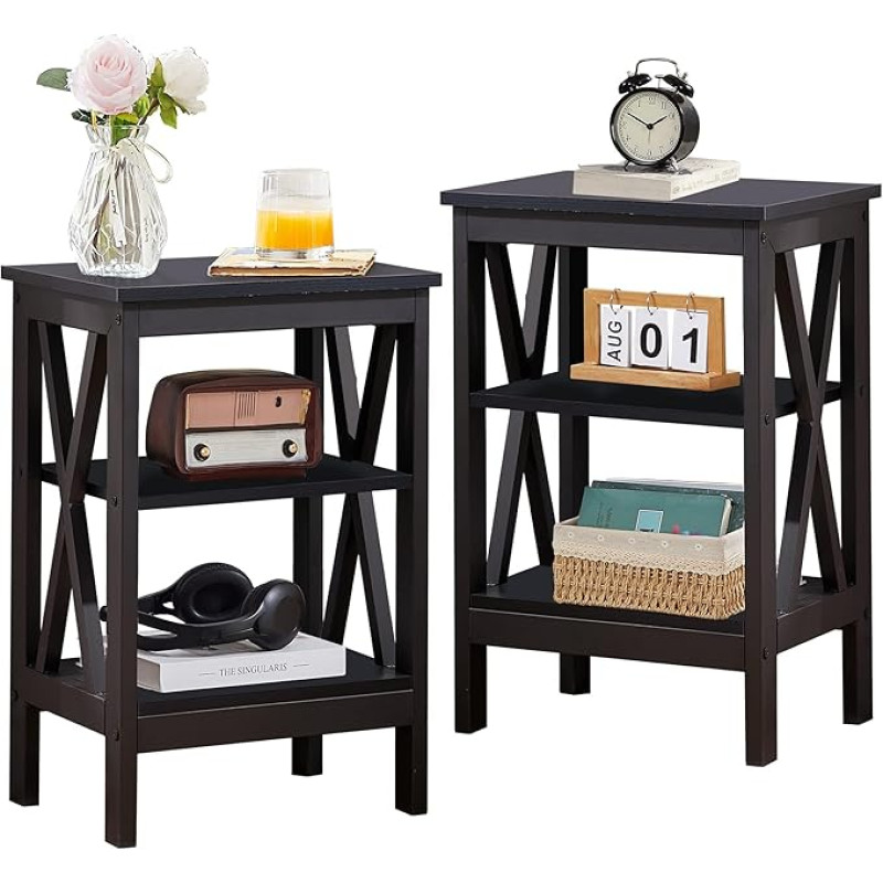 VECELO Bedside Table 2 Pack Open Compartment 3 Tier Storage Cabinet Metal Base for Adults Living Room Bedroom Office Bathroom Black