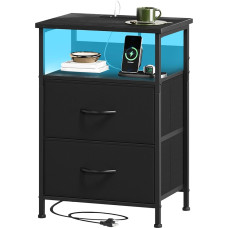 Somdot Bedside Table with Charging Function and LED, Side Table Black with 2 Fabric Drawers, 2 Sockets, 2 USB, Bedside Cabinet with Metal Frame, Bedside Table for Bedroom