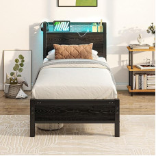 MOFLUT Einzelbettgestell mit Holzaufbewahrung Kopfteilablage, 91 cm Holzbettrahmen Einzelbett mit Ladestation/USB-Anschlüssen und LED-Lichtern, Schwarz