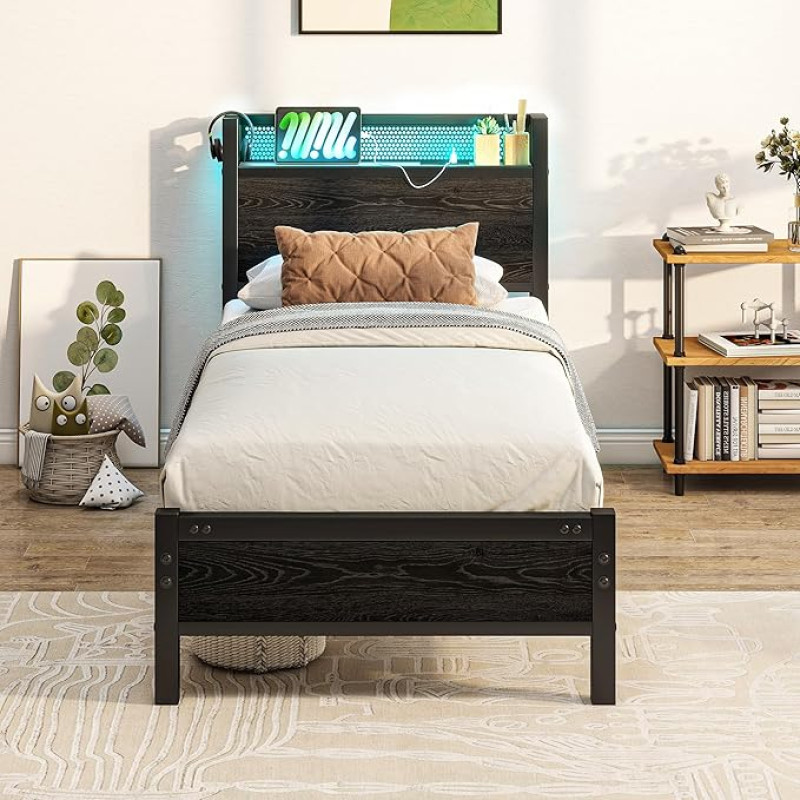 MOFLUT Einzelbettgestell mit Holzaufbewahrung Kopfteilablage, 91 cm Holzbettrahmen Einzelbett mit Ladestation/USB-Anschlüssen und LED-Lichtern, Schwarz