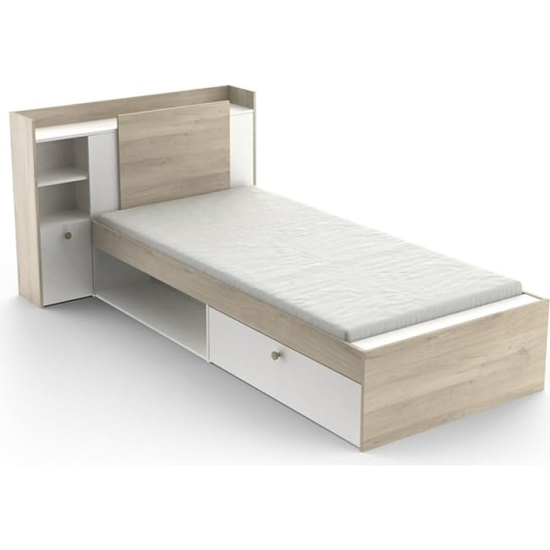 Demeyere Lit Modulable 90 x 190/200 Avec Rangement 1 Porte 3 Niches 1 Tiroir - Blanc Mat and Chêne Clair -124.5 x 226.9 x 90.5 cm