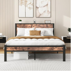 HOMERECOMMEND Bed 120 x 200, Bed Frame 120 x 200 cm Metal Bed Frame Wooden Metal Bed Guest Bed Frame Made of Metal, Guest Bed for Small Spaces, Black and Brown