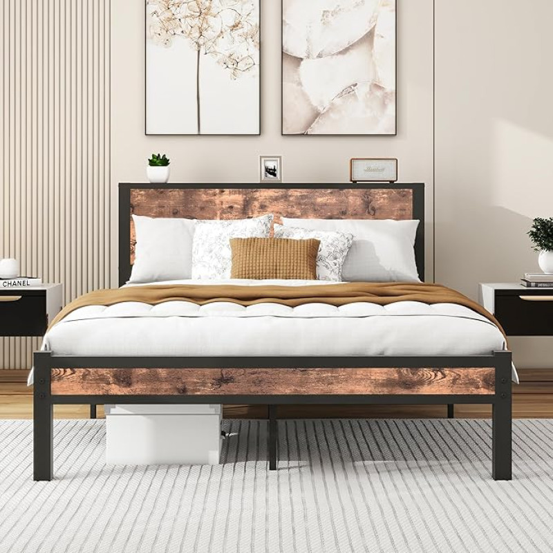 HOMERECOMMEND Bed 120 x 200, Bed Frame 120 x 200 cm Metal Bed Frame Wooden Metal Bed Guest Bed Frame Made of Metal, Guest Bed for Small Spaces, Black and Brown