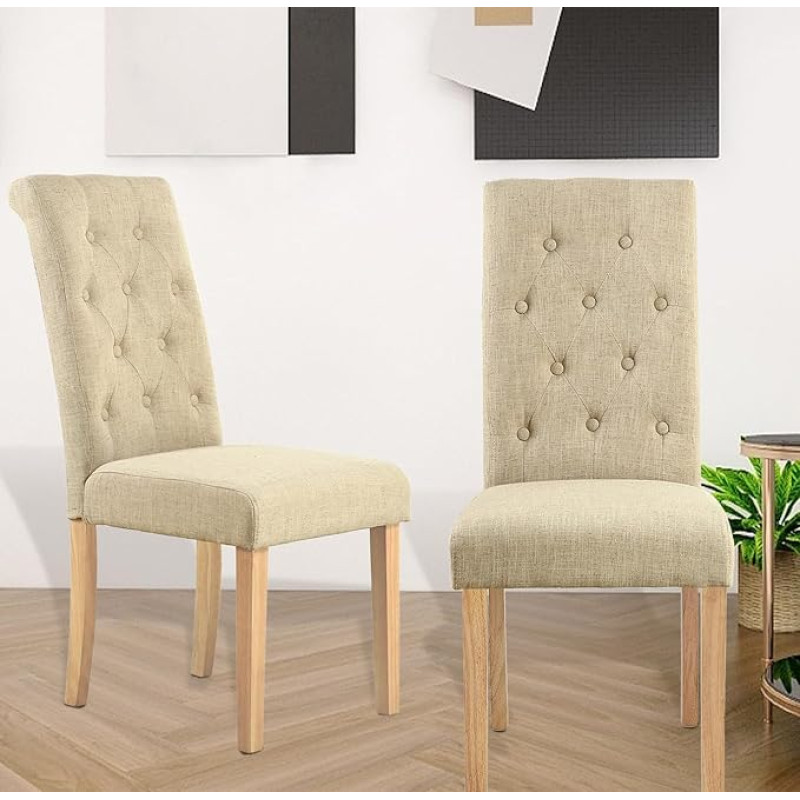 Hallowood Furniture Premium Linen Fabric Rolling Lock Dining Chairs Set of 2 Cream Dining Chairs with Backrest and Solid Wooden Legs Home Restaurant Cafe