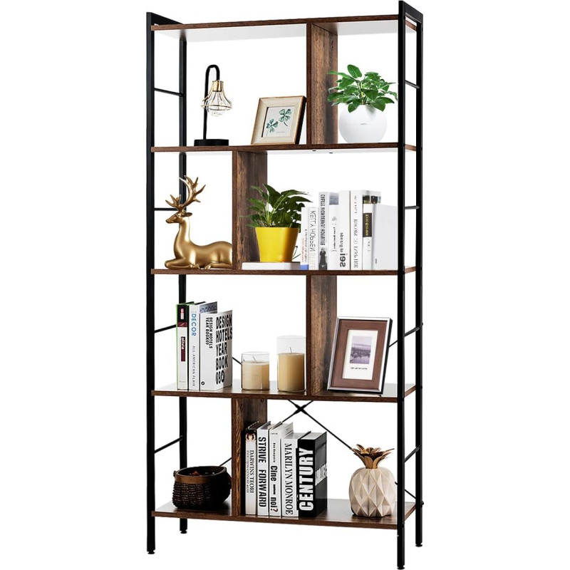 HOMASIS Bookcase with 5 Shelves, Wooden & Metal Shelf, Plant Shelf, Industrial Style, Storage Shelf, Room Divider for Books, for Living Room & Office, 74 x 30 x 154.5 cm