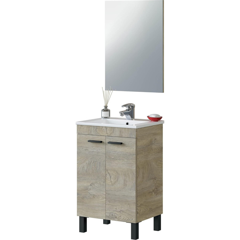 Habitdesign PM Bathroom Cabinet with 2 Doors and Mirror in Alaska Oak Finish Dimensions 50cm (Width) x 80cm (Height) x 40cm (Depth) Without Basin
